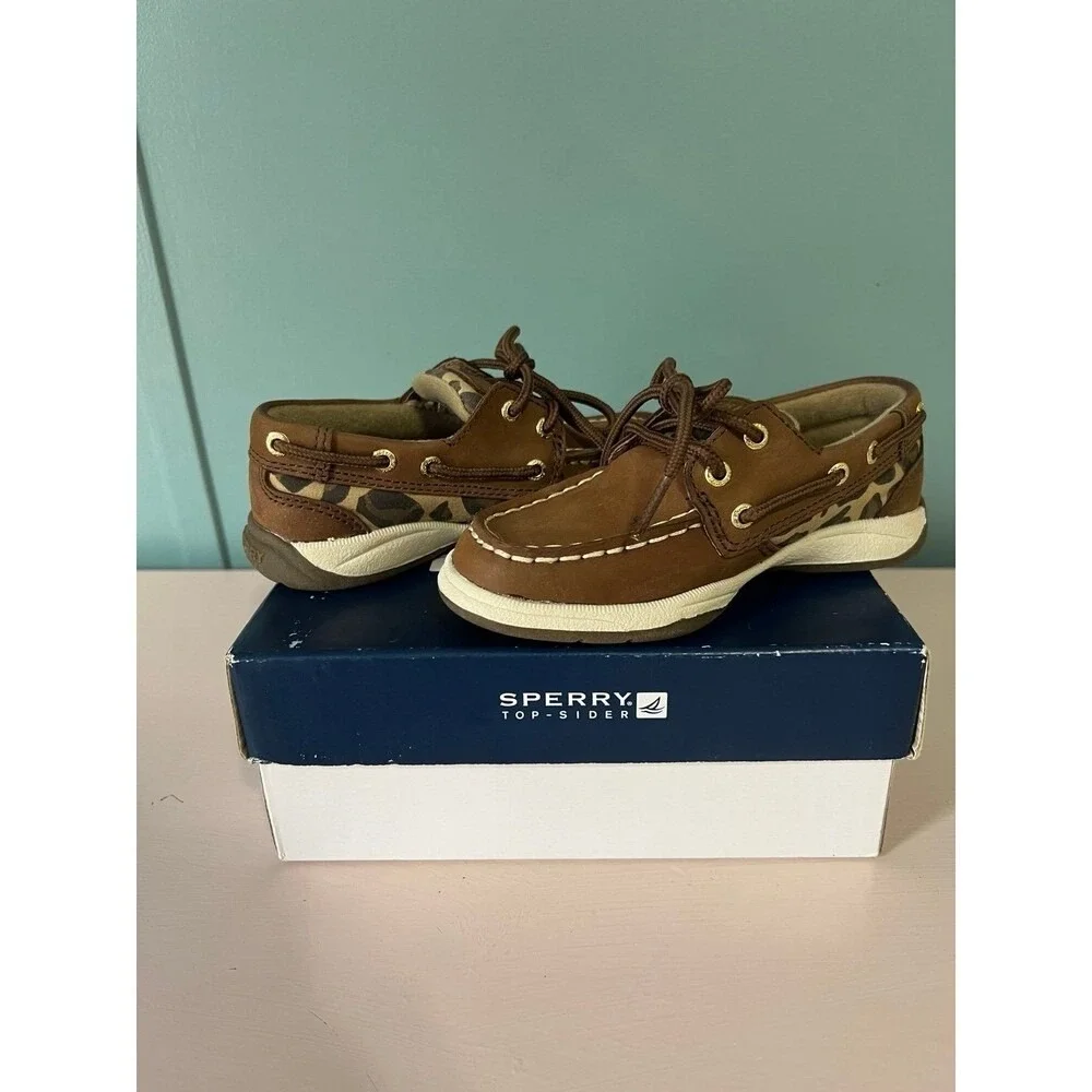 Sperry Top-Sider Girls Leopard Print Brown Boat Shoes Lace Up Comfort Size 9M